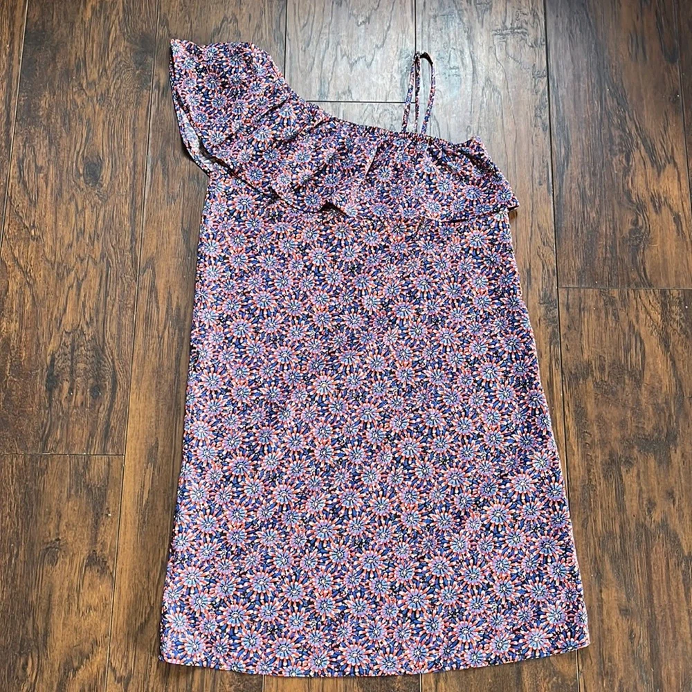 Promod Blue/Red Floral One Shoulder Ruffle Front Dress - Picture 1 of 11